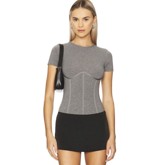 Fleur du Mal Short Sleeve T-Shirt Thong Bodysuit M Grey Sexy Corset Stretch - Picture 1 of 12